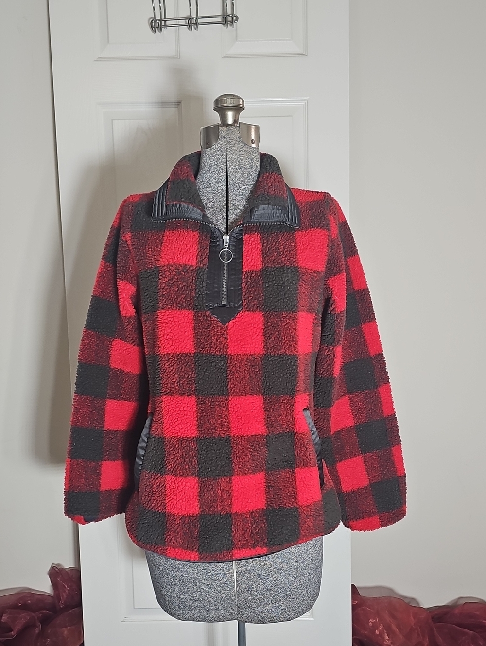 Abercrombie Fitch Red Black Buffalo Plaid Sherpa Fleece Pullover Jacket M